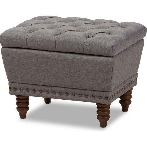 Annabelle Storage Ottoman in Tufted Light Gray Fabric & Walnut Finish